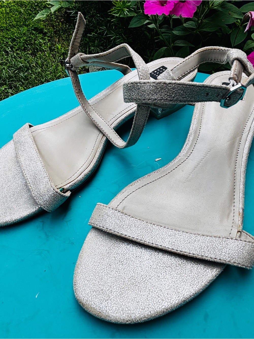 White House Black Market Silver Ankle-Strap Heeled Sandals
